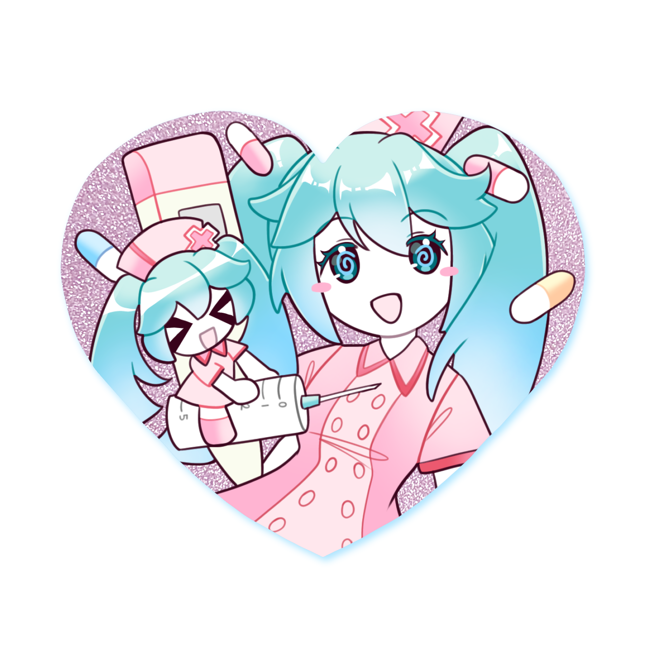 Значок-сердечко 'Мику медсестра' с блестящей подложкой